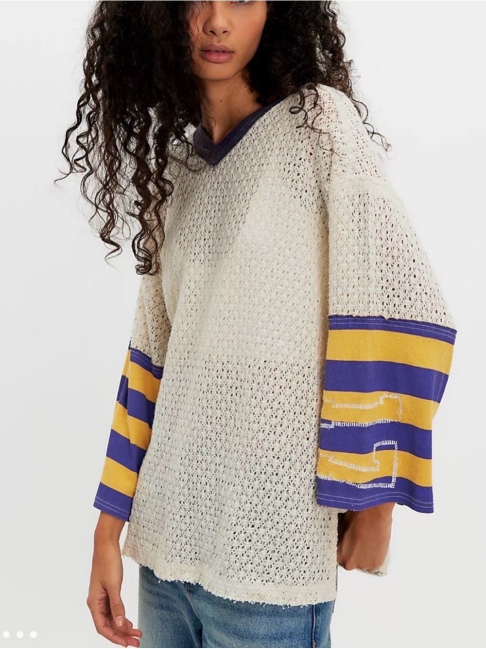 We The Free Cream V-Neck Knit Sweater with Purple & Yellow Striped Sleeves